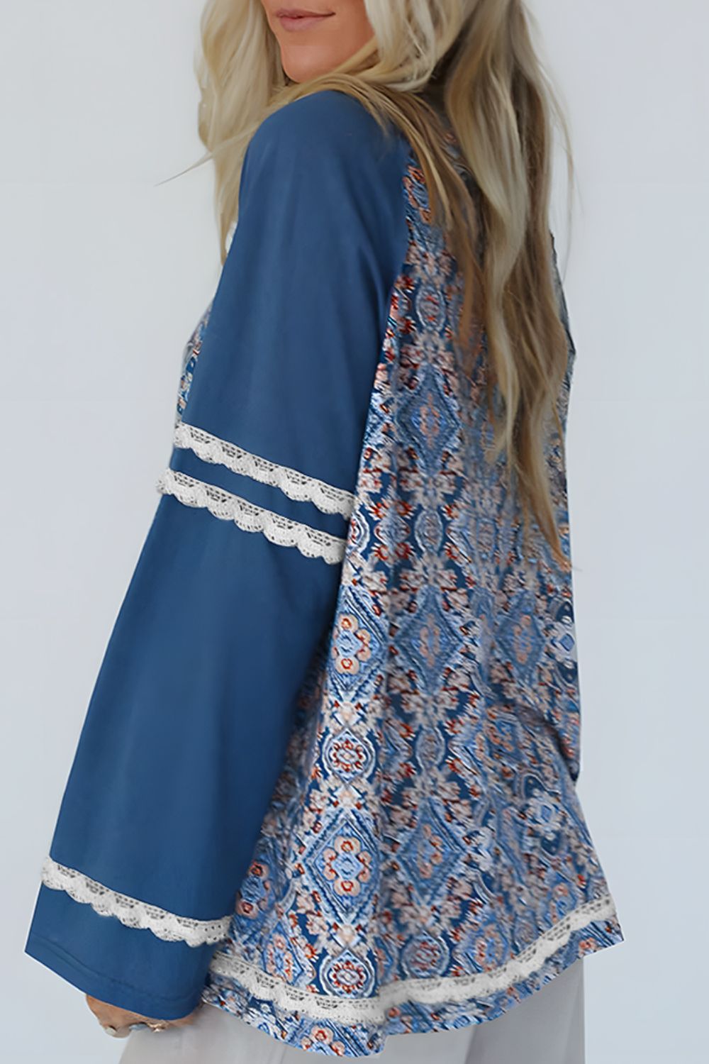 Lace Detail Geometric Round Neck Long Sleeve Top - Charming Charlie