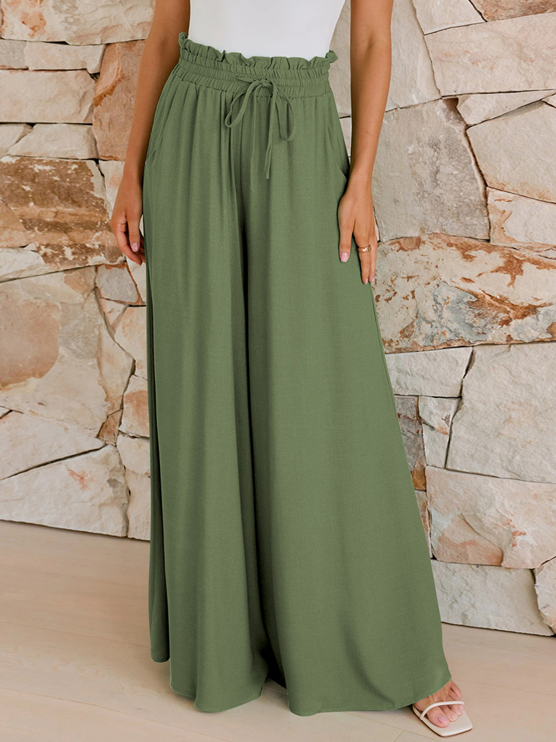 Drawstring Wide Leg Pants with Pockets - Charming Charlie