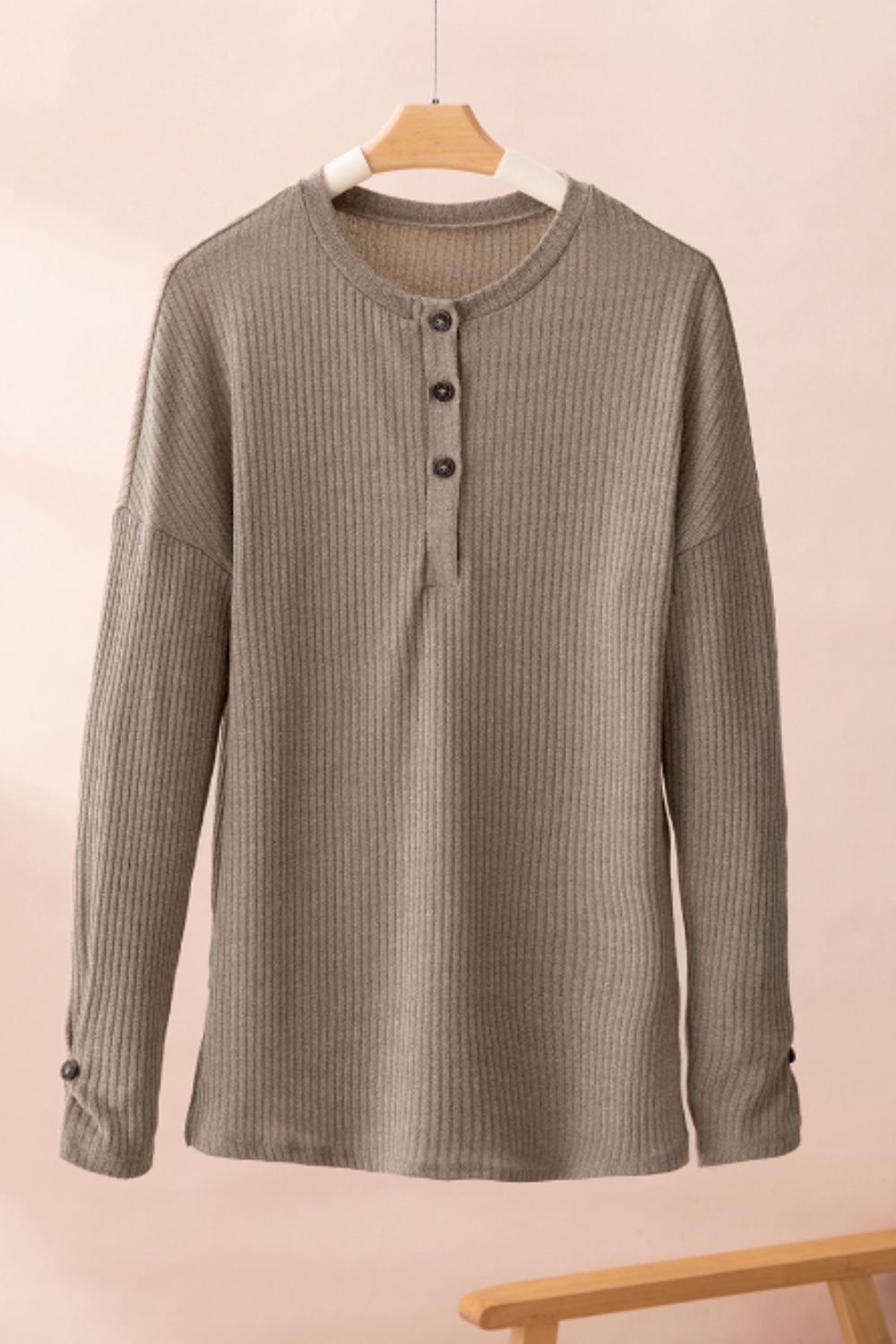 Quarter Button Round Neck Dropped Shoulder Knit Top - Charming Charlie