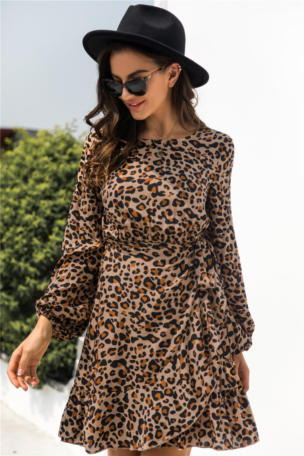 Animal Print Round Neck Balloon Sleeve Mini Dress - Charming Charlie