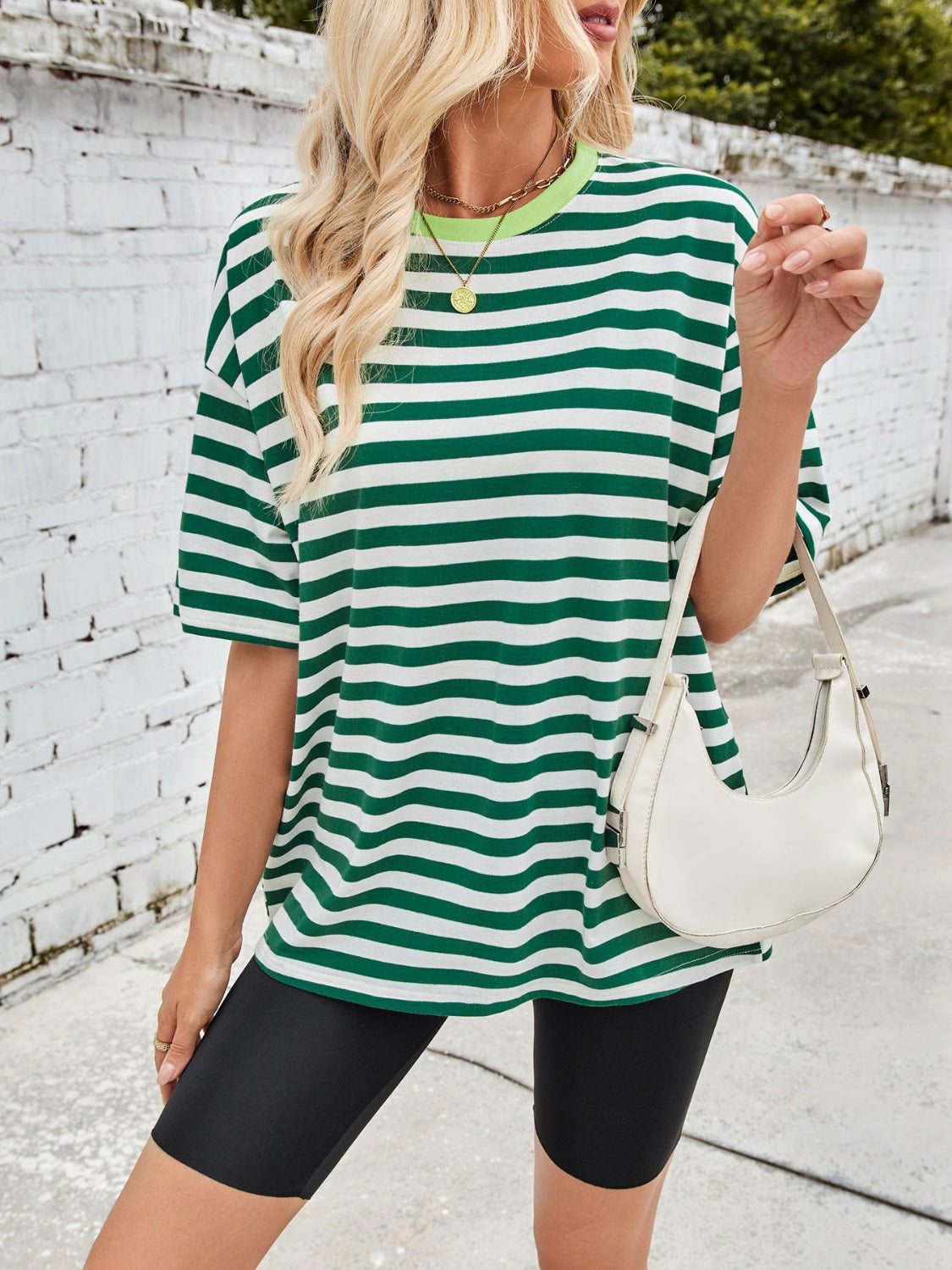 Lovelet Striped Round Neck Half Sleeve T-Shirt - Charming Charlie
