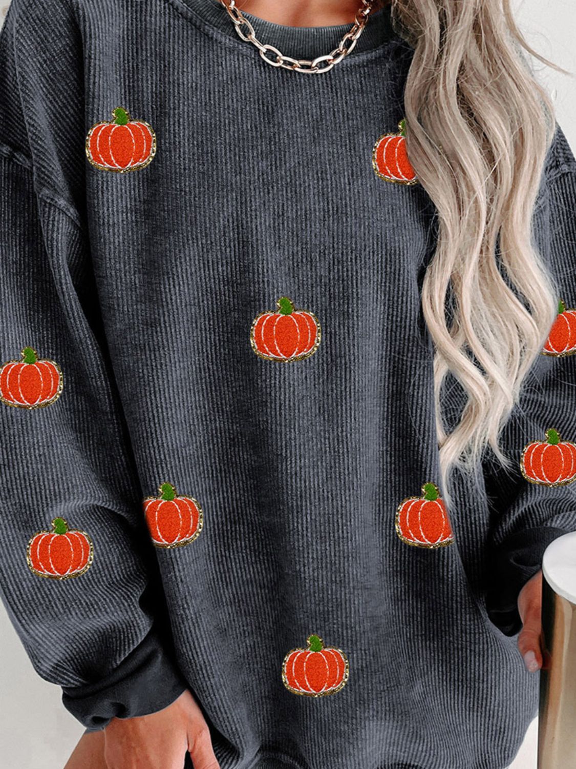Pumpkin Round Neck Long Sleeve Sweatshirt - Charming Charlie