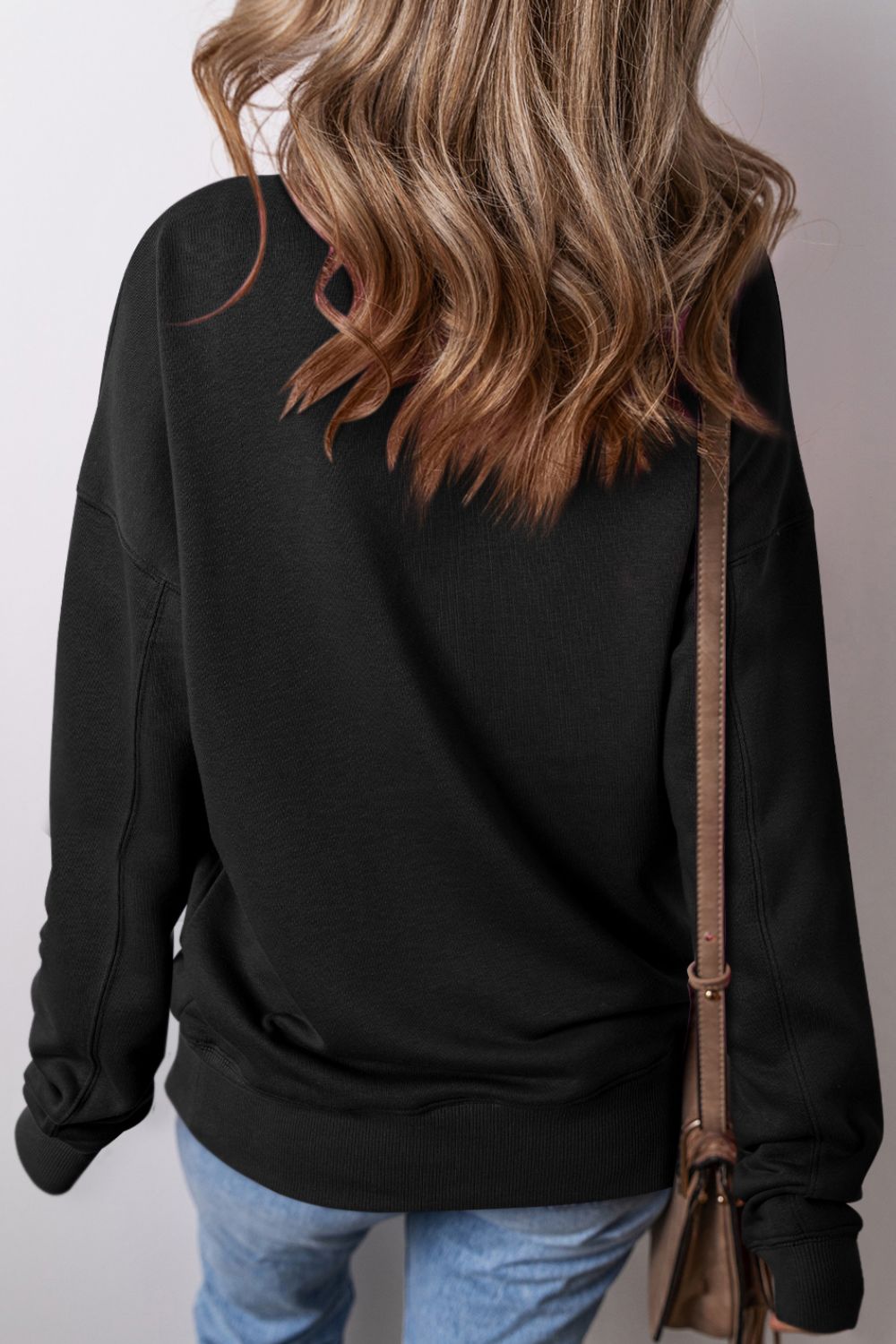 Solid Color Round Neck Long Sleeve Sweatshirt - Charming Charlie