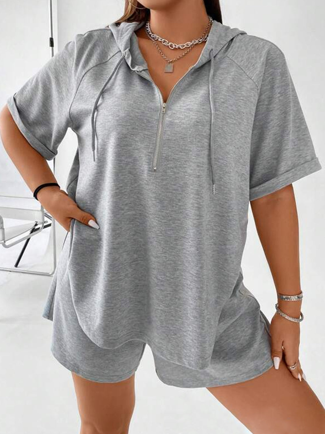 Full Size Drawstring Half Zip Hooded Top and Shorts Set Plus Size - Charming Charlie