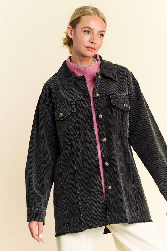 Davi & Dani Washed Corduroy Raw Hem Button Up Jacket - Charming Charlie