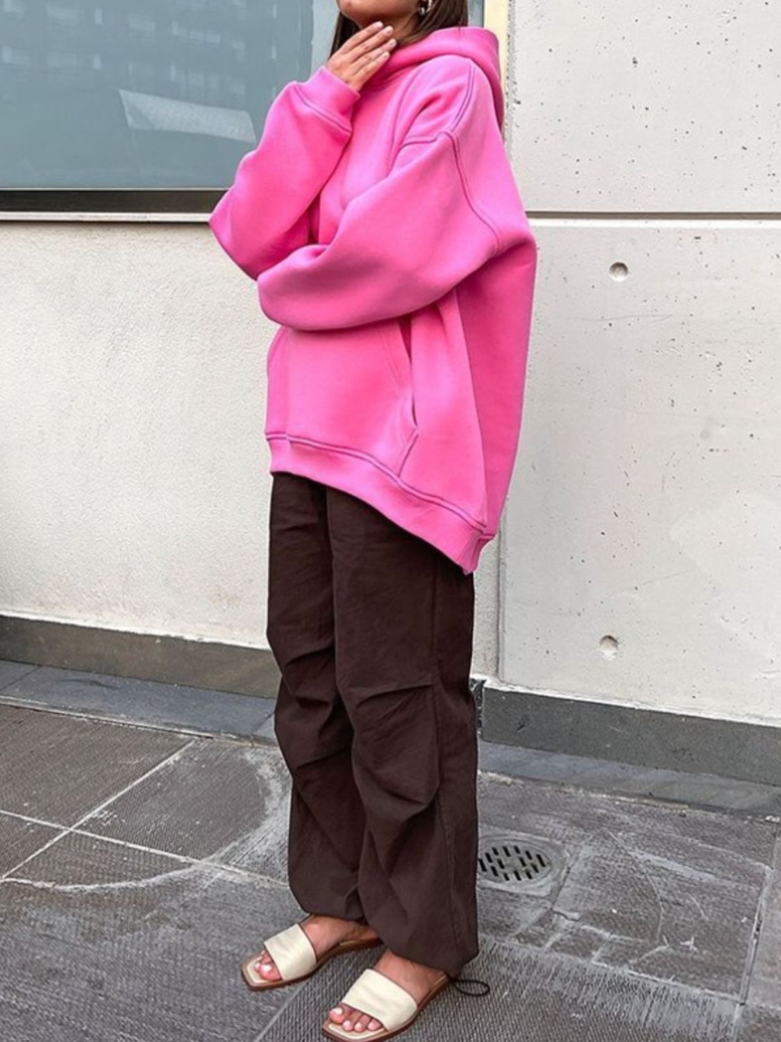 Pocketed Dropped Shoulder Long Sleeve Hoodie - Charming Charlie