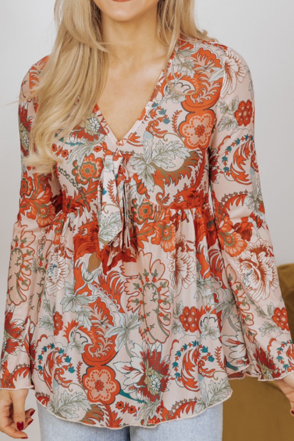 Floral V-Neck Flare Sleeve Blouse - Charming Charlie