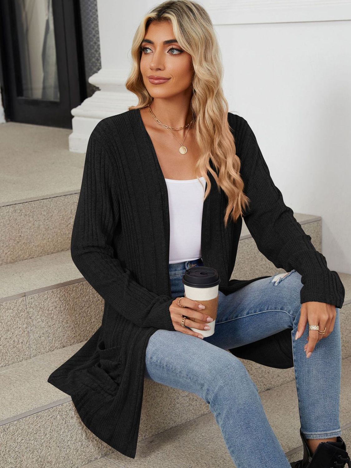 Pocketed Open Front Long Sleeve Cardigan - Charming Charlie