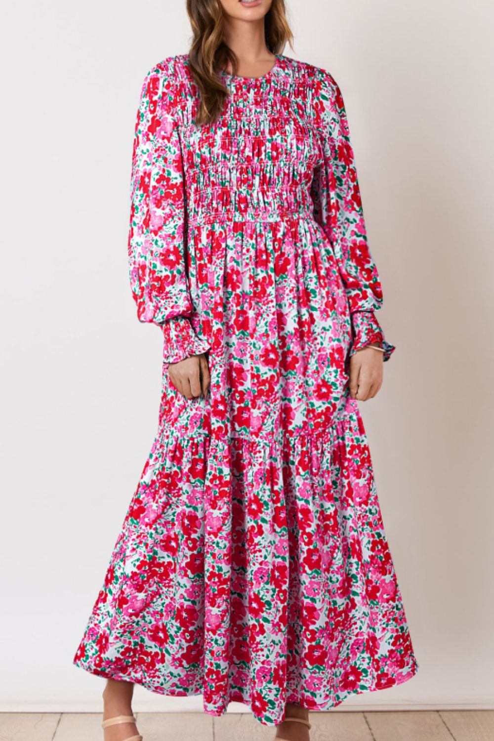 Printed Round Neck Lantern Sleeve Maxi Dress - Charming Charlie