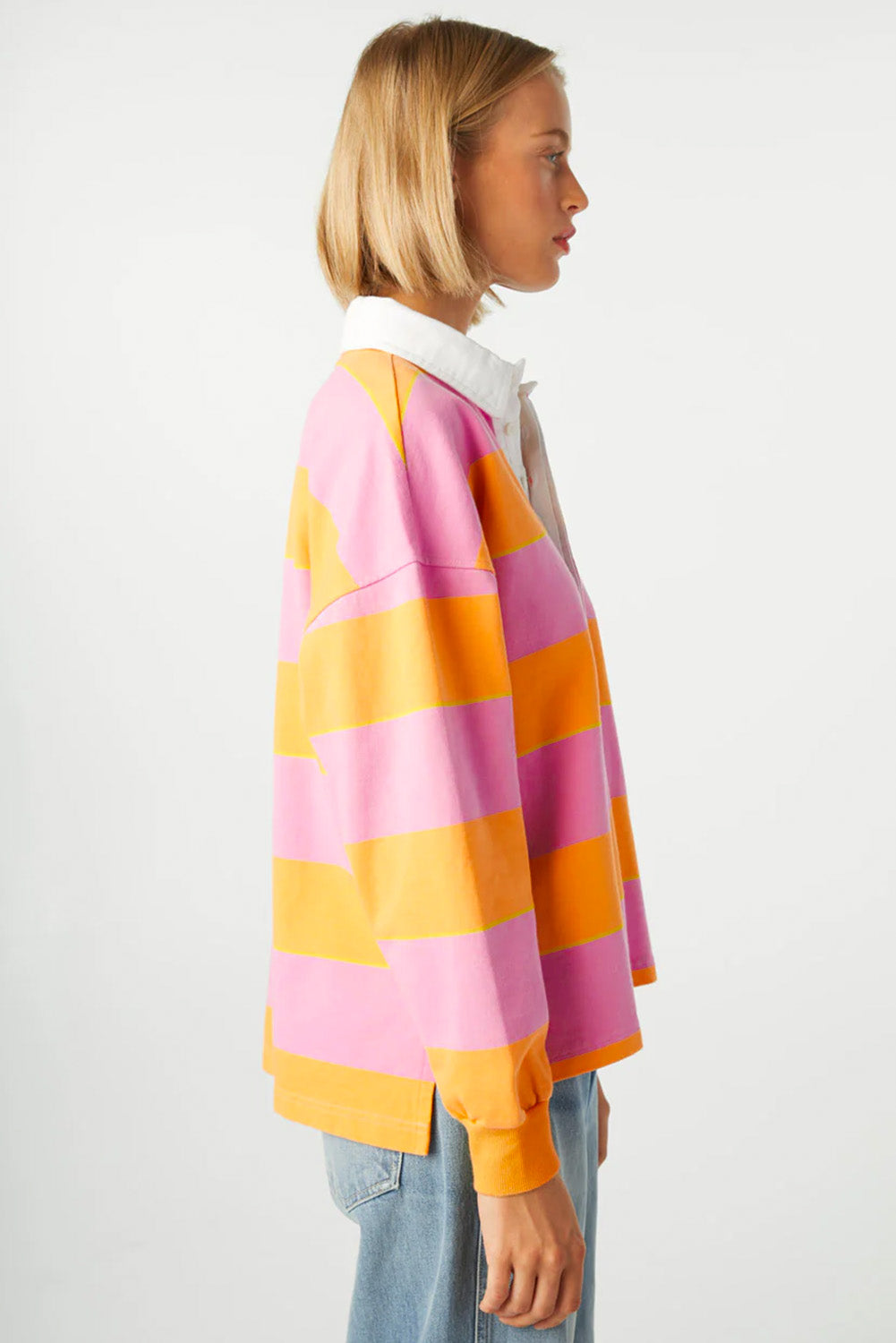 Contrast Striped Collared Neck Long Sleeve Sweatshirt - Charming Charlie