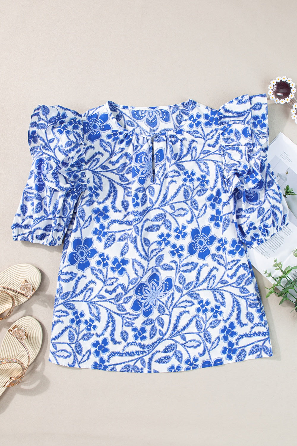 Printed Notched Half Sleeve Blouse - Charming Charlie