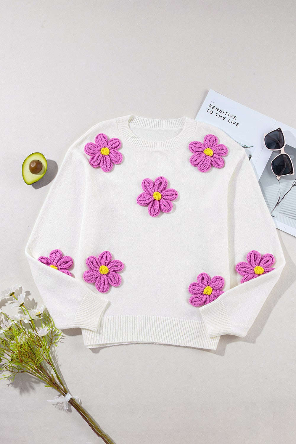 Crochet Flower Round Neck Long Sleeve Sweater - Charming Charlie