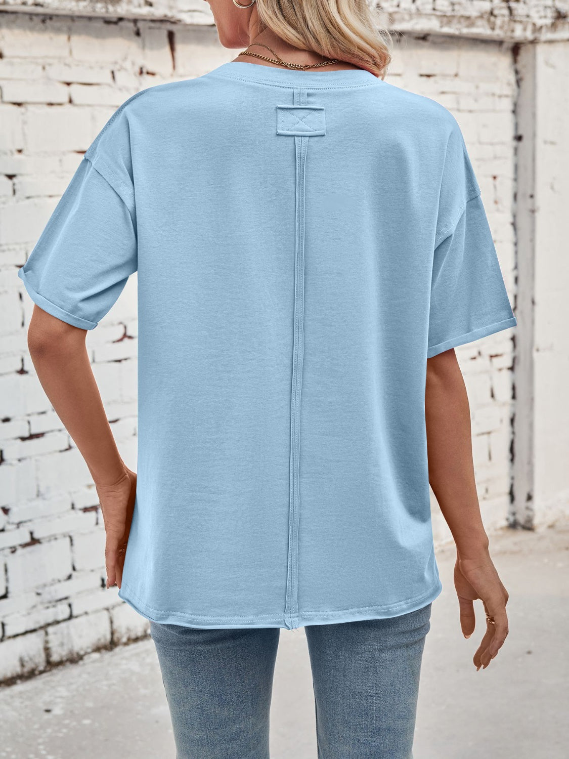 Lovelet Exposed Seam Round Neck Half Sleeve T-Shirt - Charming Charlie