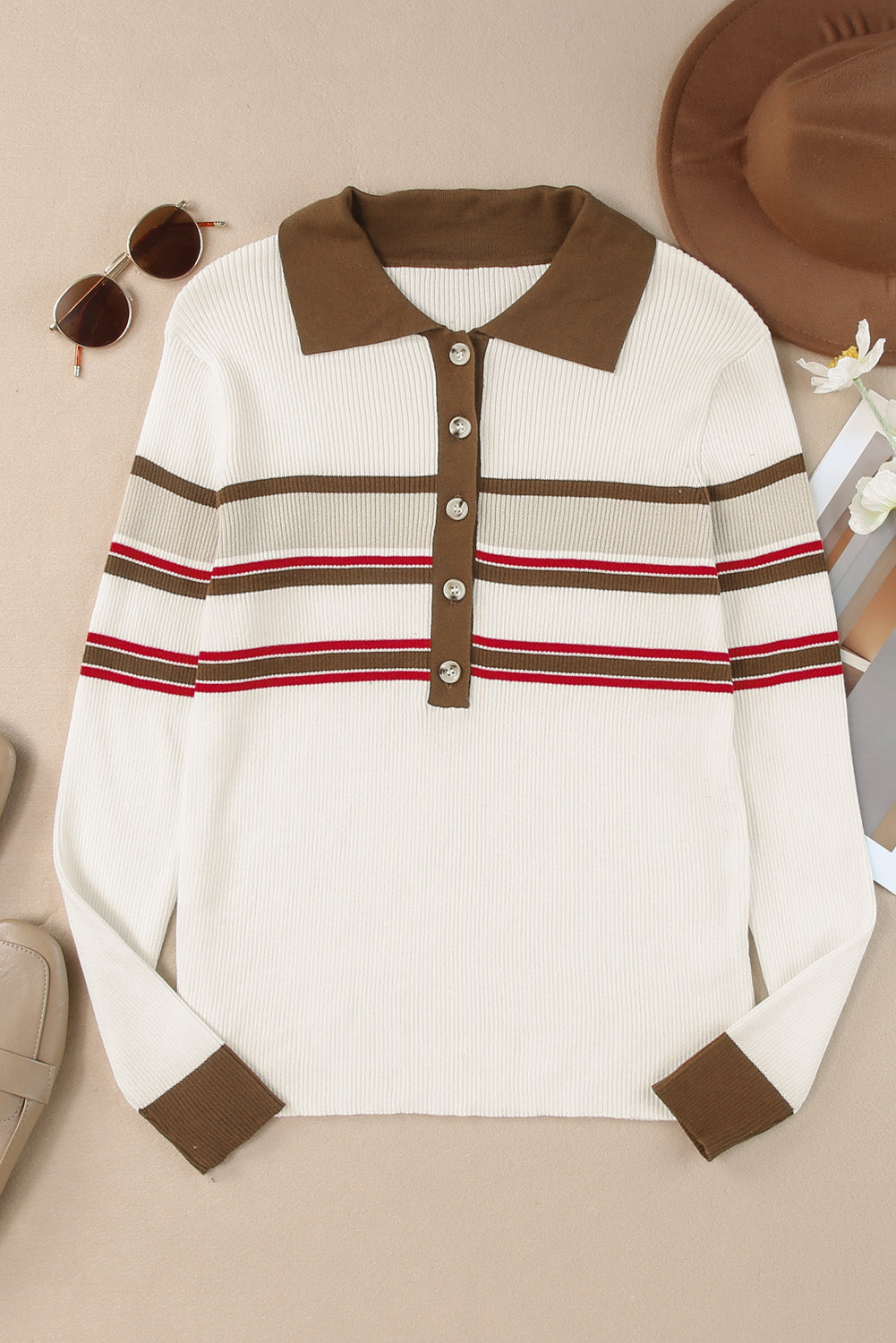 Half Button Contrast Stripe Long Sleeve Knit Top - Charming Charlie