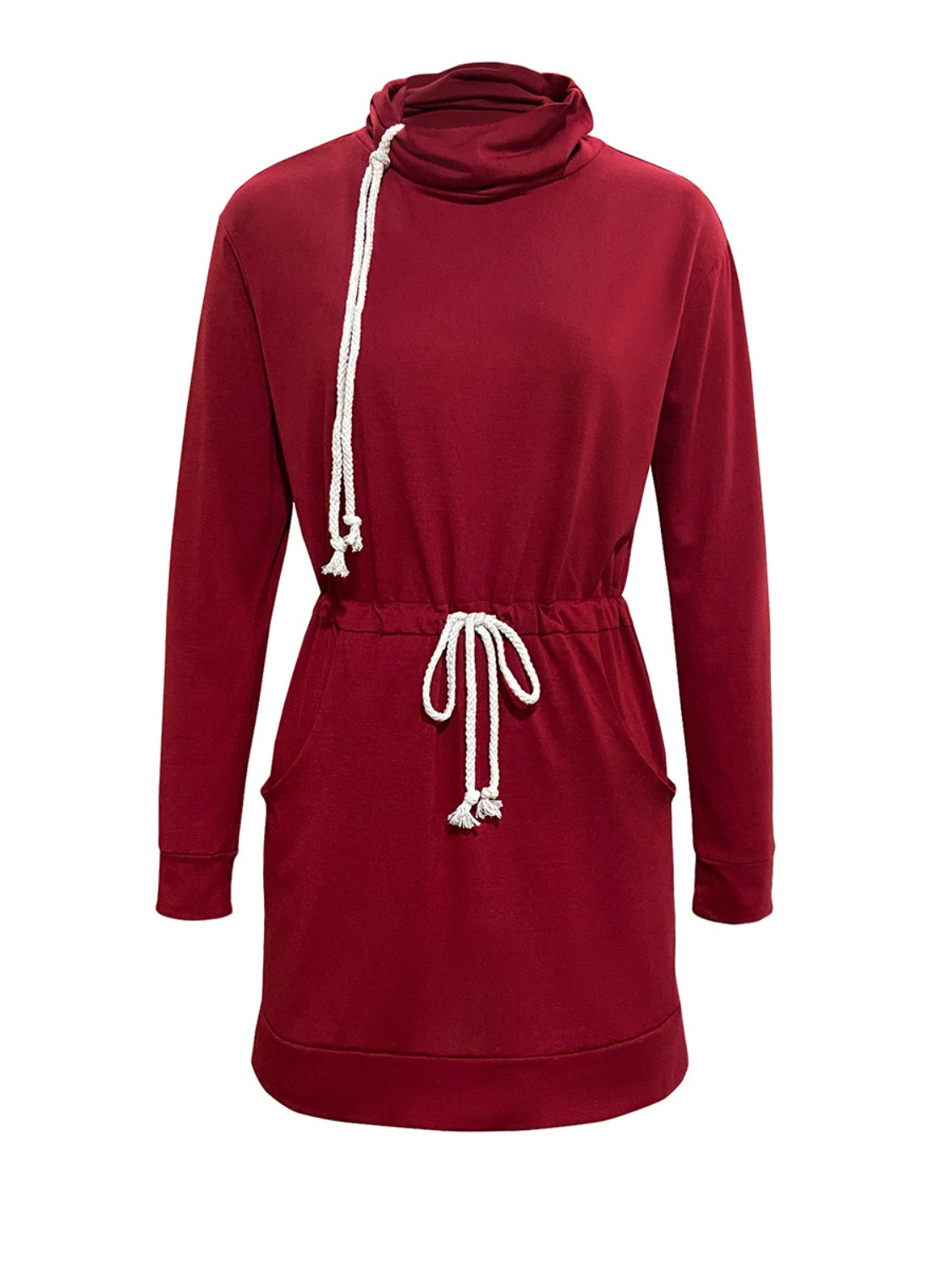 Drawstring Turtleneck Long Sleeve Mini Dress - Charming Charlie