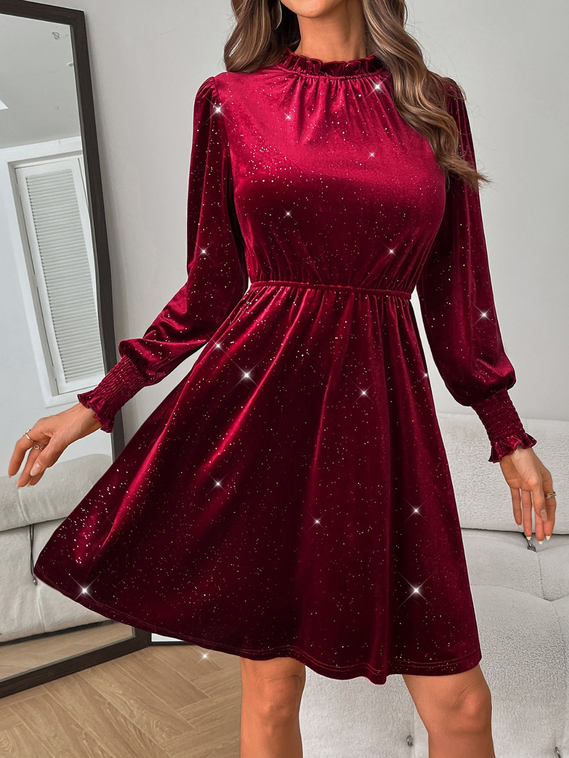Glitter Mock Neck Long Sleeve Mini Dress - Charming Charlie