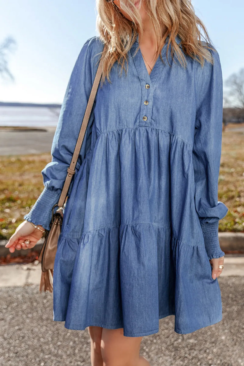 Tiered Johnny Collar Long Sleeve Denim Dress  Charming Charlie