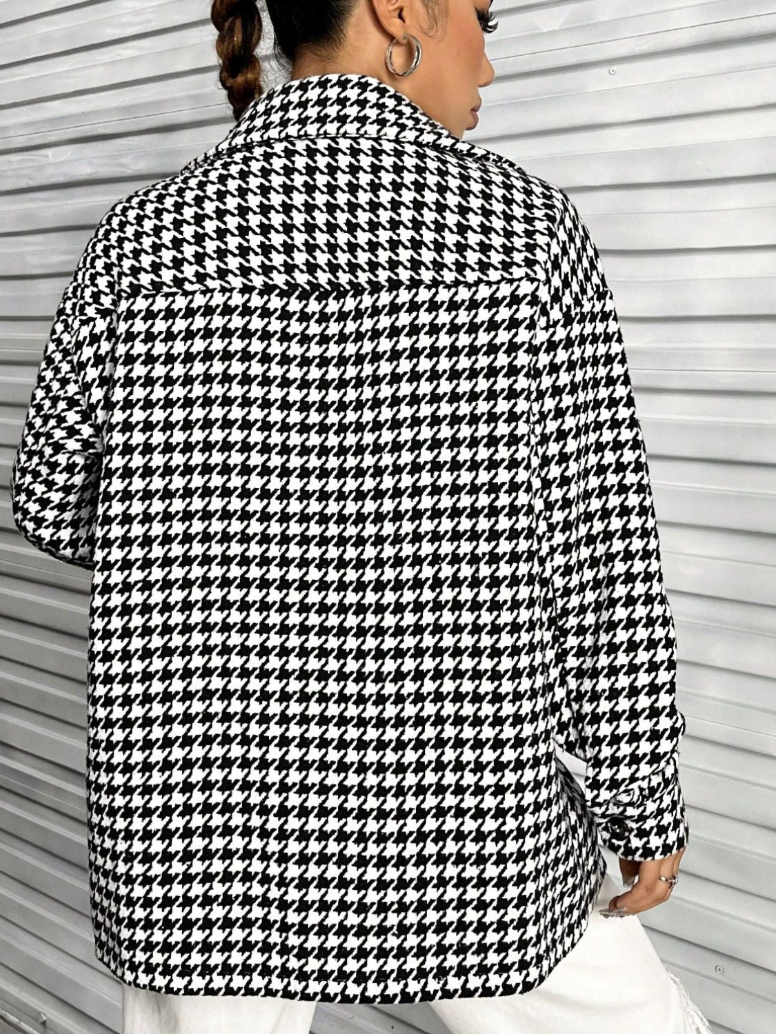 Houndstooth Button Down Long Sleeve Shacket - Charming Charlie