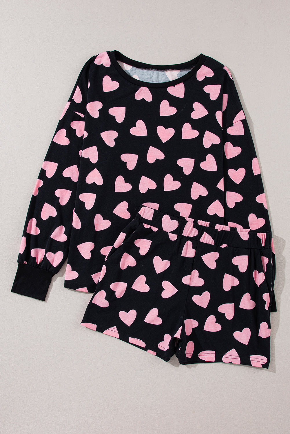 Heart Print Long Sleeve Top and Shorts Lounge Set - Charming Charlie