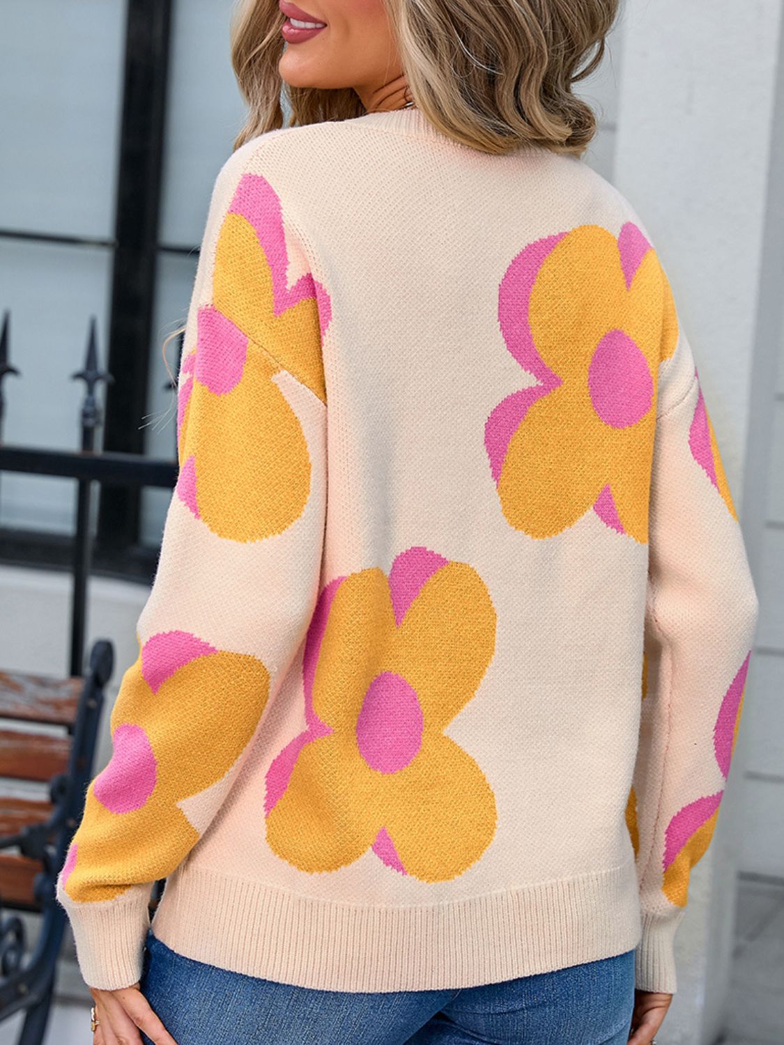 Flower Round Neck Long Sleeve Sweater - Charming Charlie