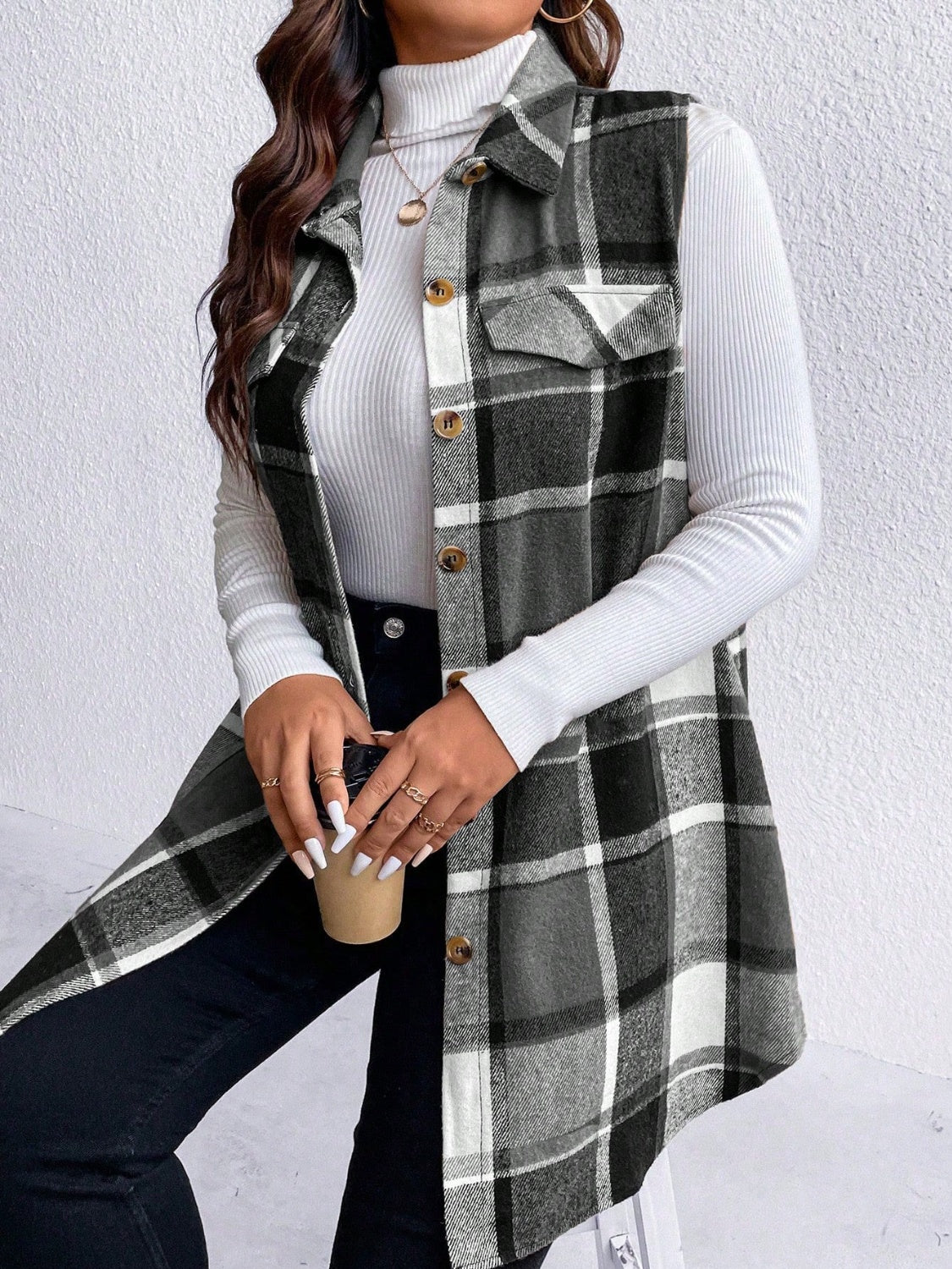 Honey Plus Size Pocketed Plaid Button Up Vest Coat - Charming Charlie