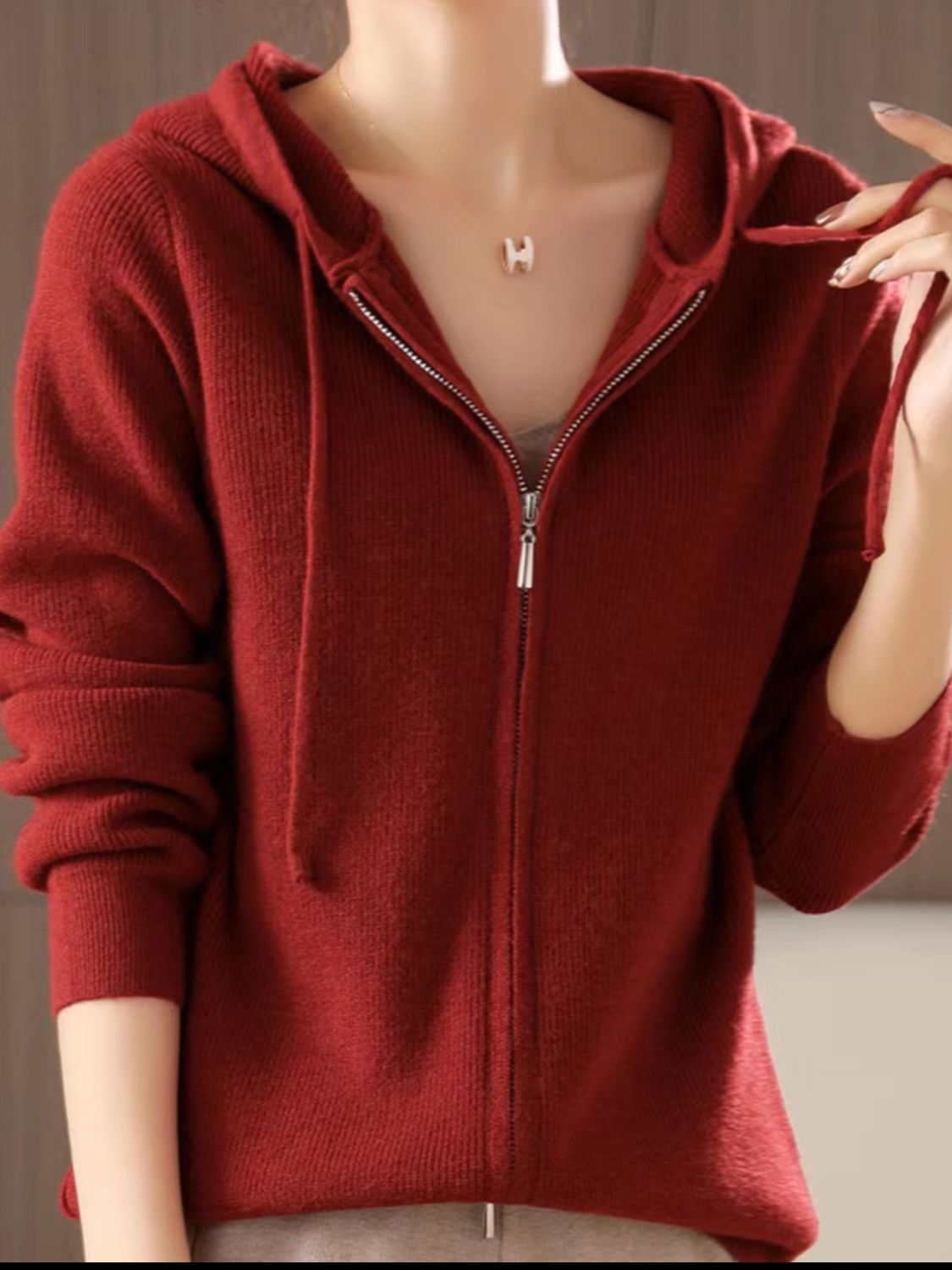 Drawstring Zip Up Long Sleeve Hooded Sweater - Charming Charlie