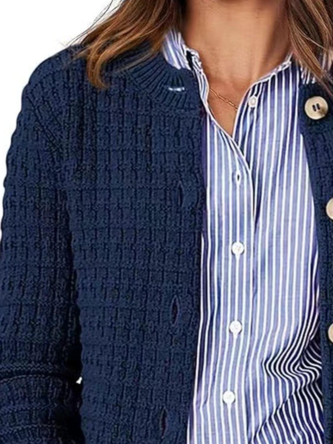 Button Up Round Neck Long Sleeve Cardigan - Charming Charlie