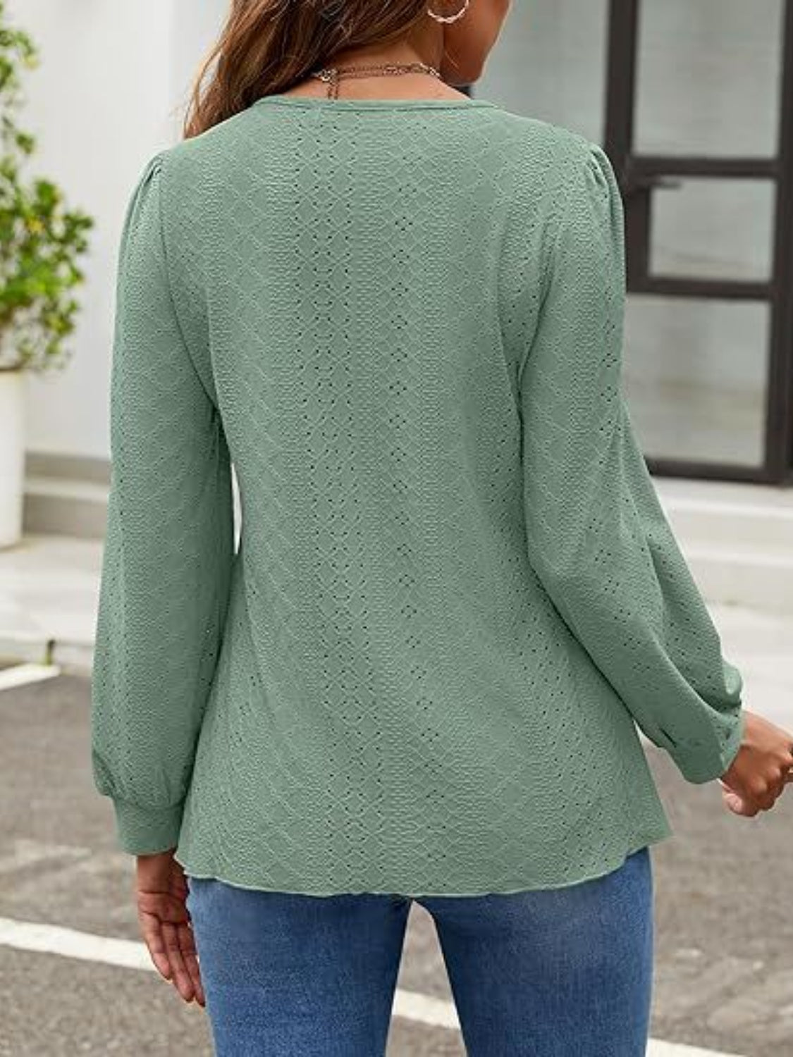 Eyelet Round Neck Long Sleeve Top - Charming Charlie