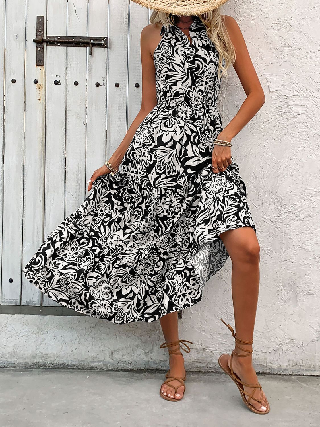 Backless Smocked Printed Sleeveless Midi Dress - Charming Charlie