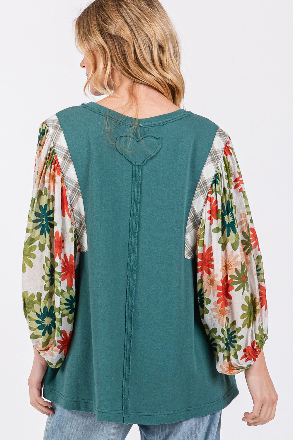SAGE + FIG Full Size Printed Balloon Sleeve Contrast Top - Charming Charlie