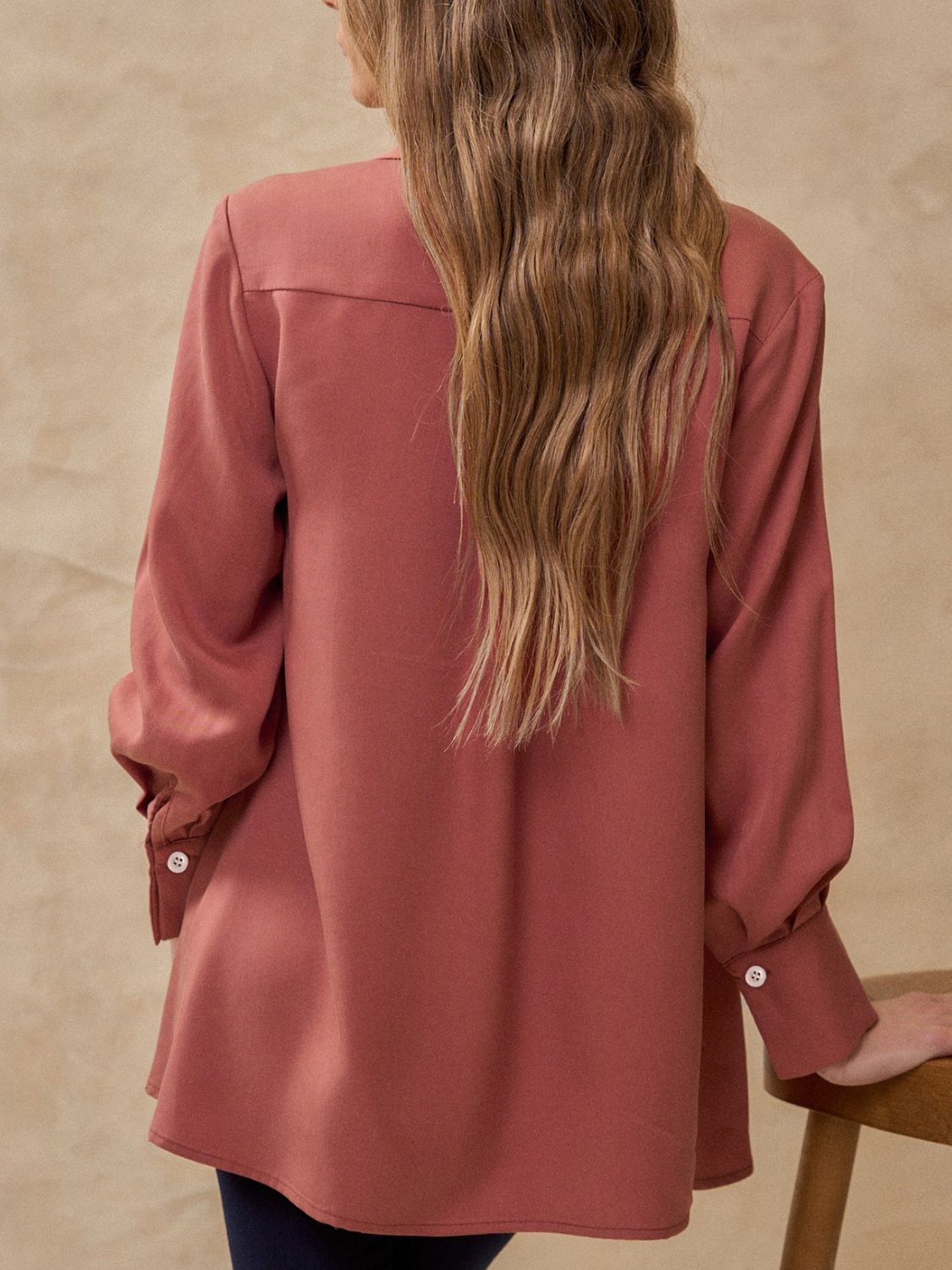 Perfee Ruched Collared Neck Long Sleeve Shirt - Charming Charlie