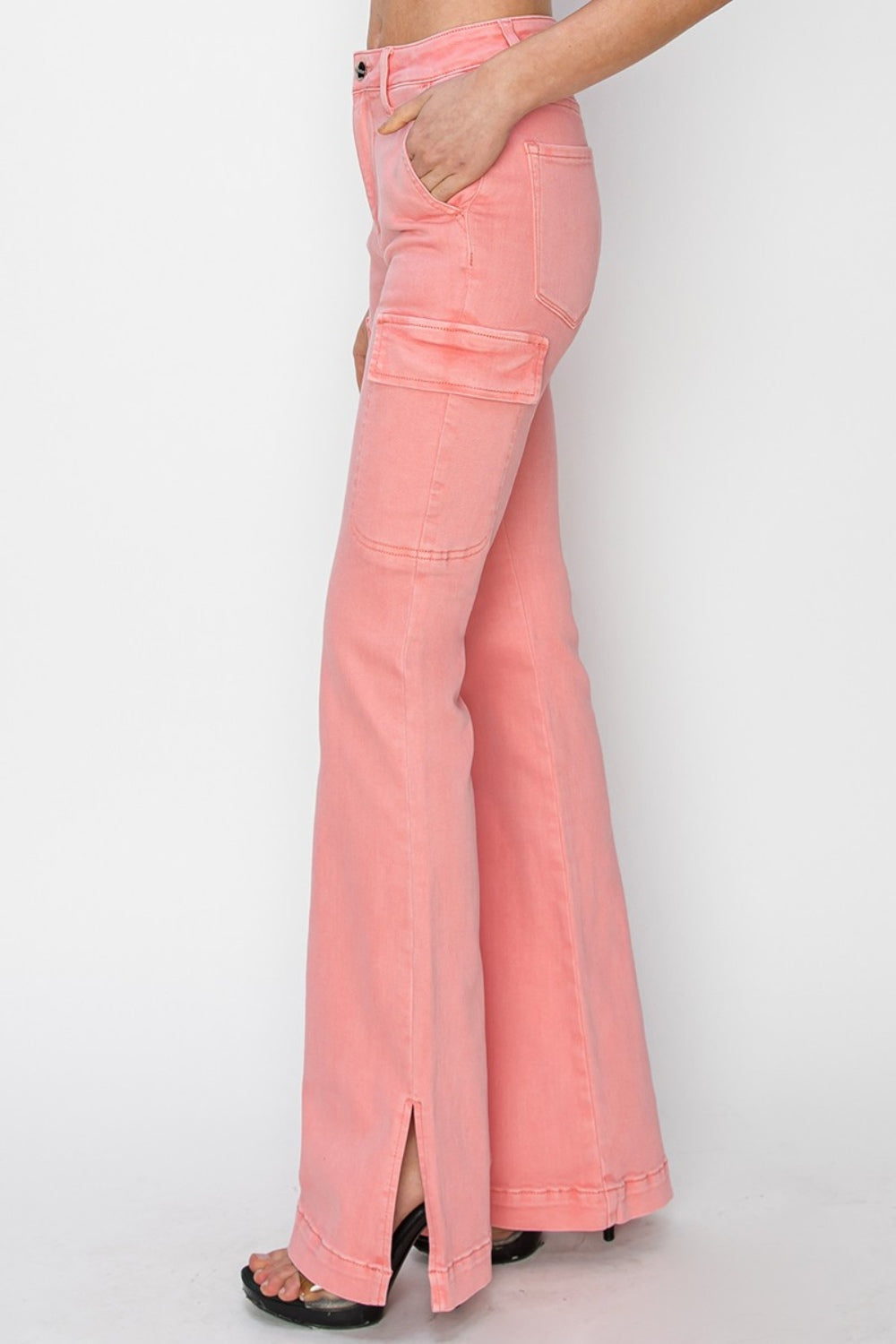 RISEN Full Size High Rise Side Slit Cargo Bootcut Jeans - Charming Charlie