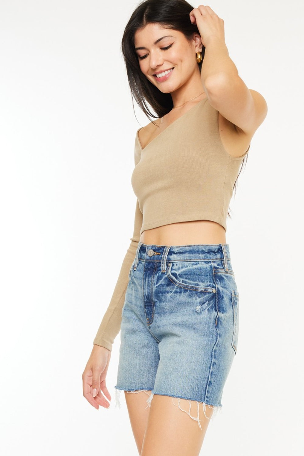 Kancan Full Size Raw Hem High Waist Denim Shorts - Charming Charlie