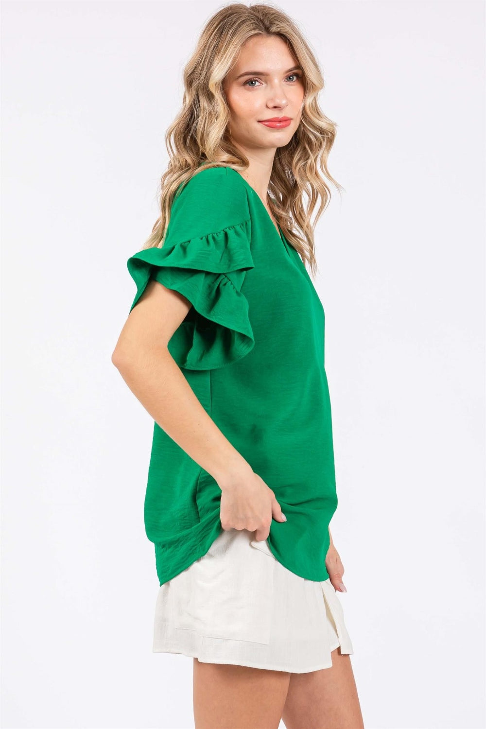 GeeGee Ruffled Short Sleeve V-Neck Blouse - Charming Charlie