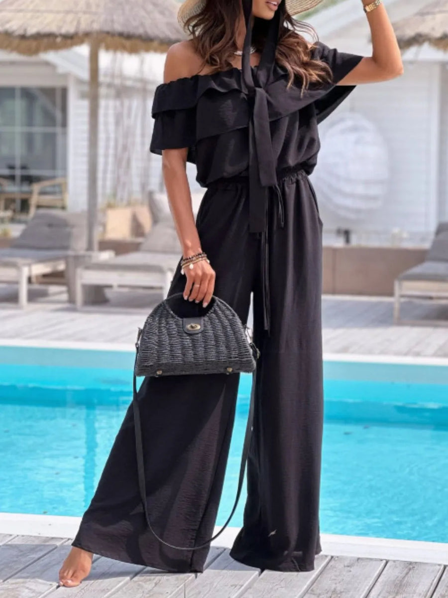 Slash Neck Off-Shoulder Wide Leg Jumpsuits