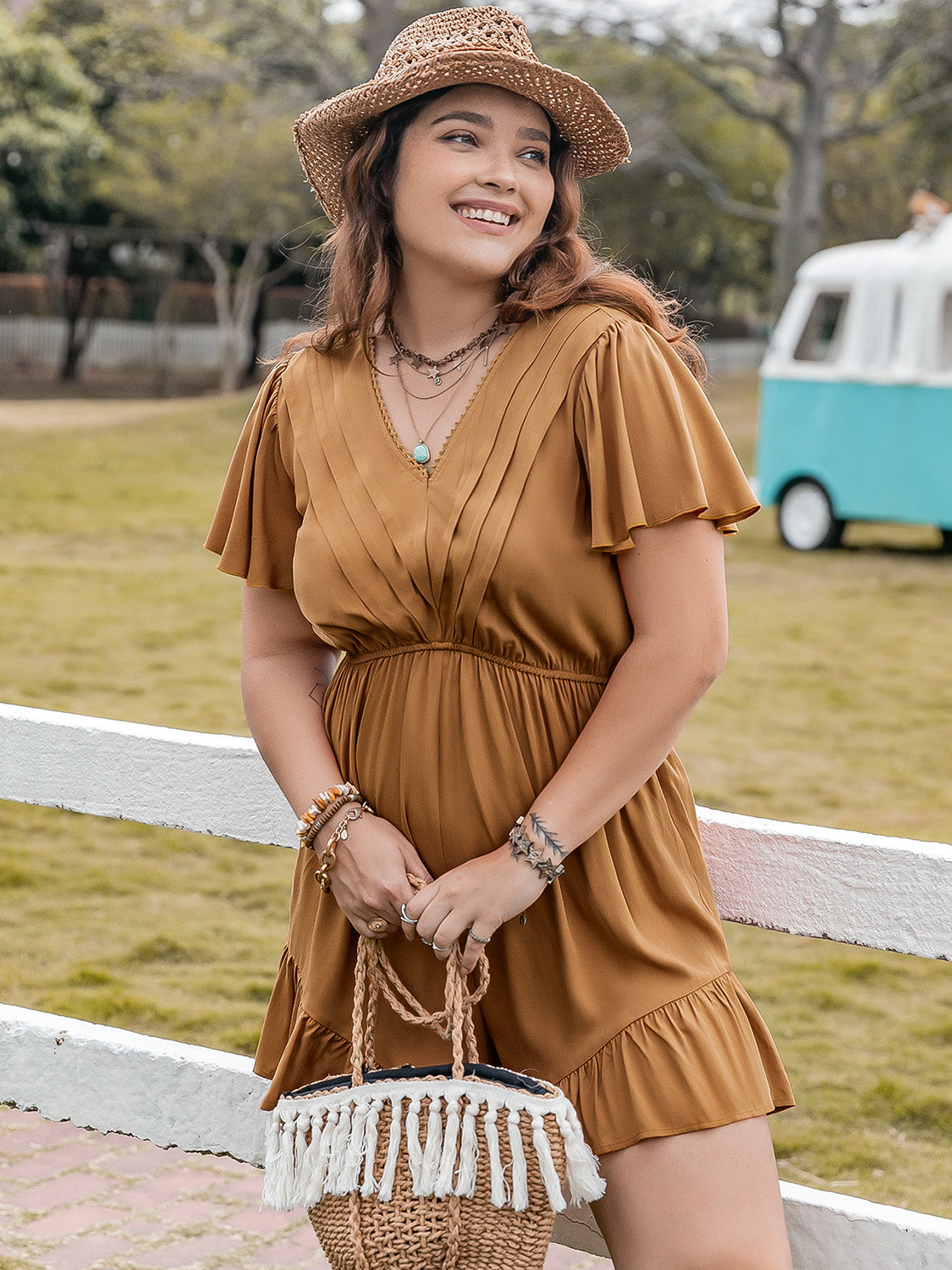 Plus Size Ruffled V-Neck Short Sleeve Romper - Charming Charlie