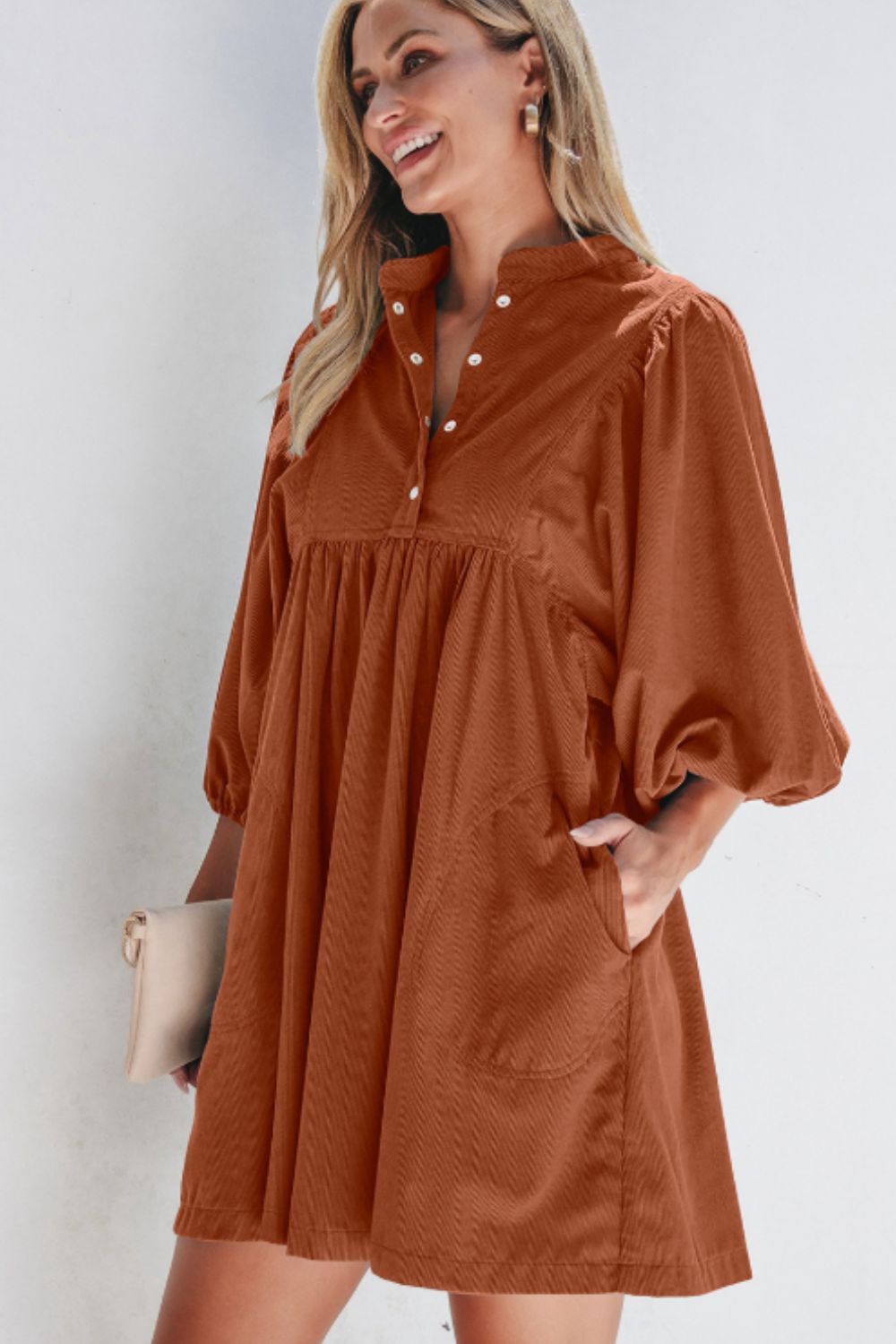 Corduroy Quarter Snap Three-Quarter Sleeve Dress - Charming Charlie