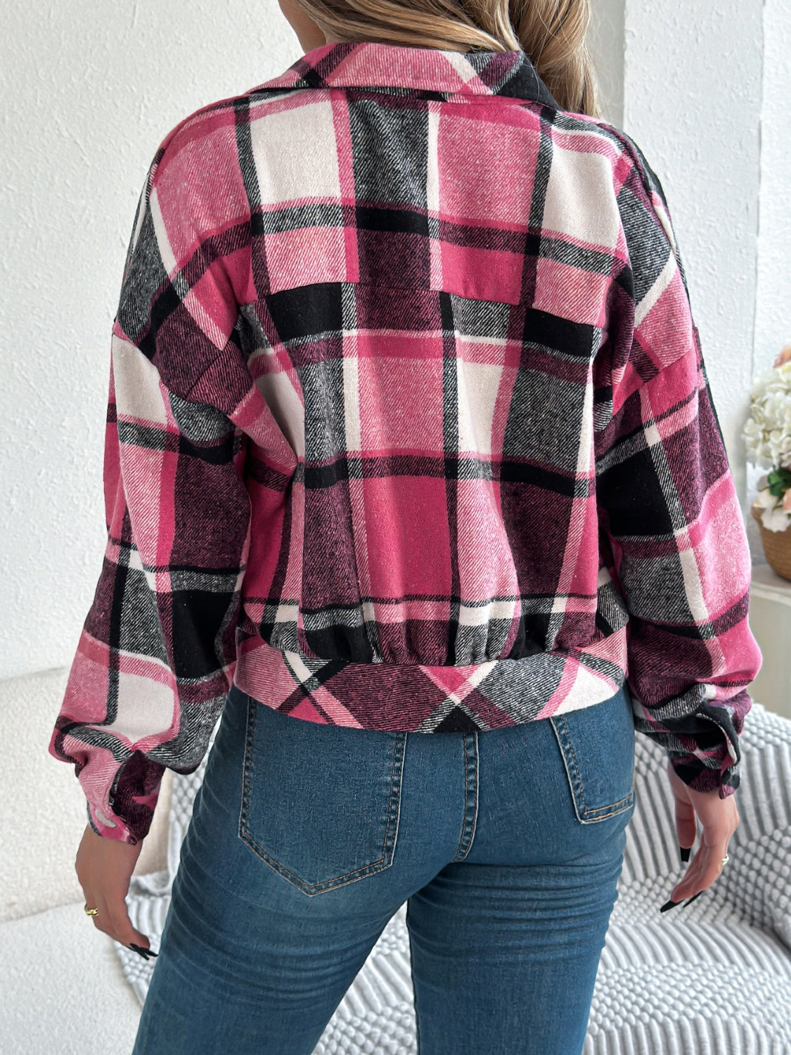 Plaid Button Up Long Sleeve Jacket - Charming Charlie