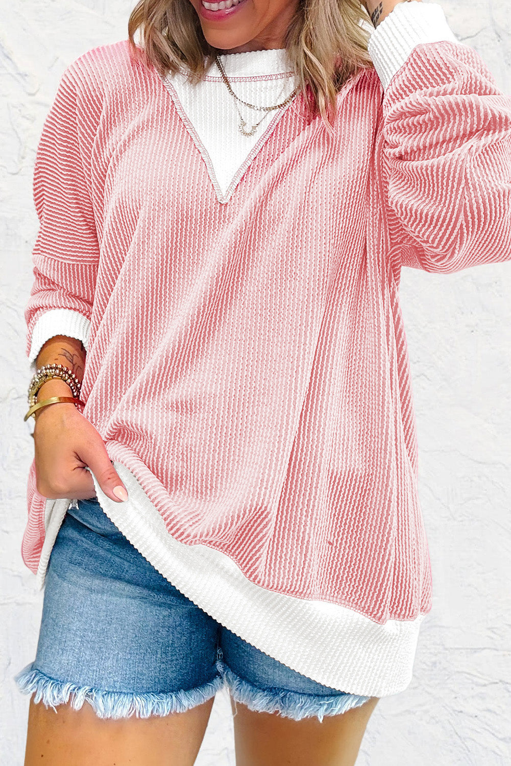 Contrast Round Neck Long Sleeve Sweatshirt - Charming Charlie