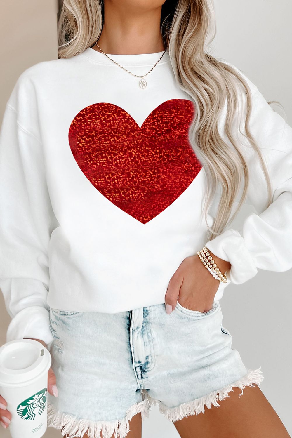 Valentine’s Day Heart Round Neck Long Sleeve Sweatshirt - Charming Charlie