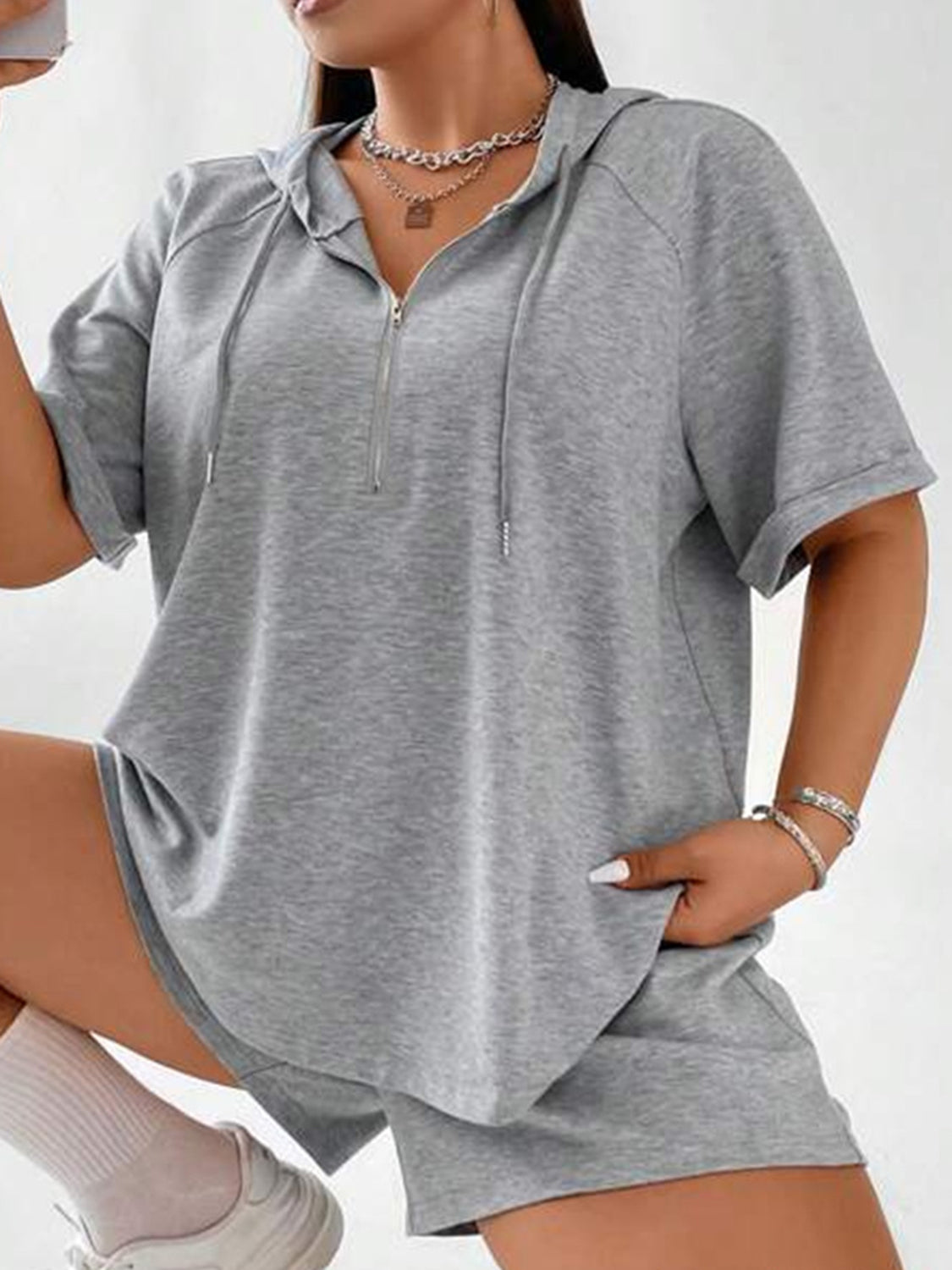 Full Size Drawstring Half Zip Hooded Top and Shorts Set Plus Size - Charming Charlie