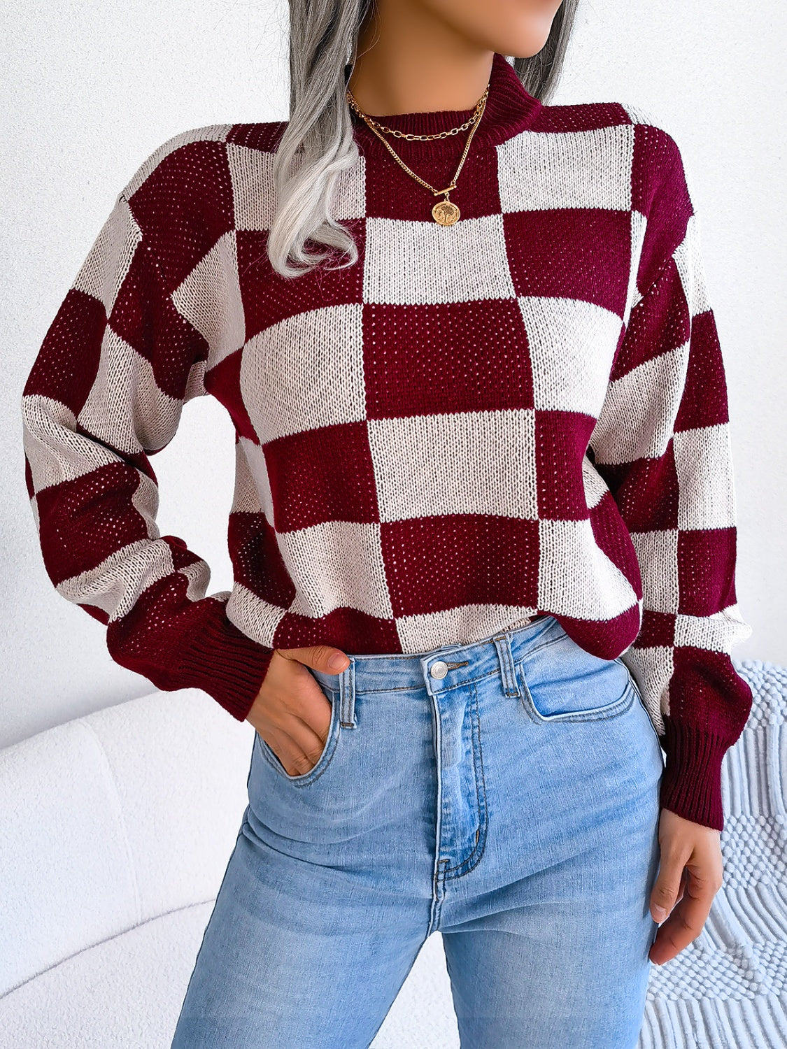 Checkered Mock Neck Long Sleeve Sweater - Charming Charlie