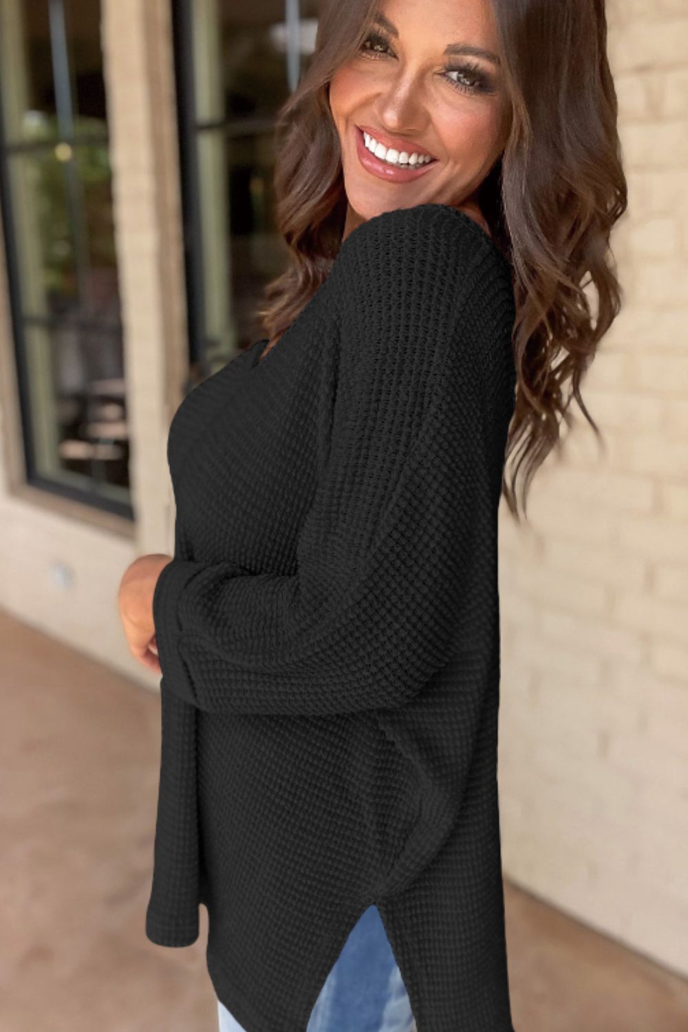 Side Slit V-Neck Long Sleeve Top - Charming Charlie