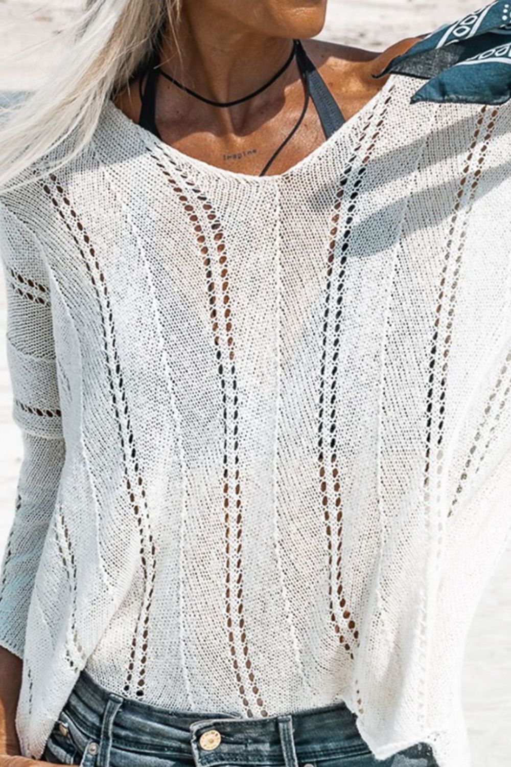 Openwork V-Neck Long Sleeve Knit Top - Charming Charlie