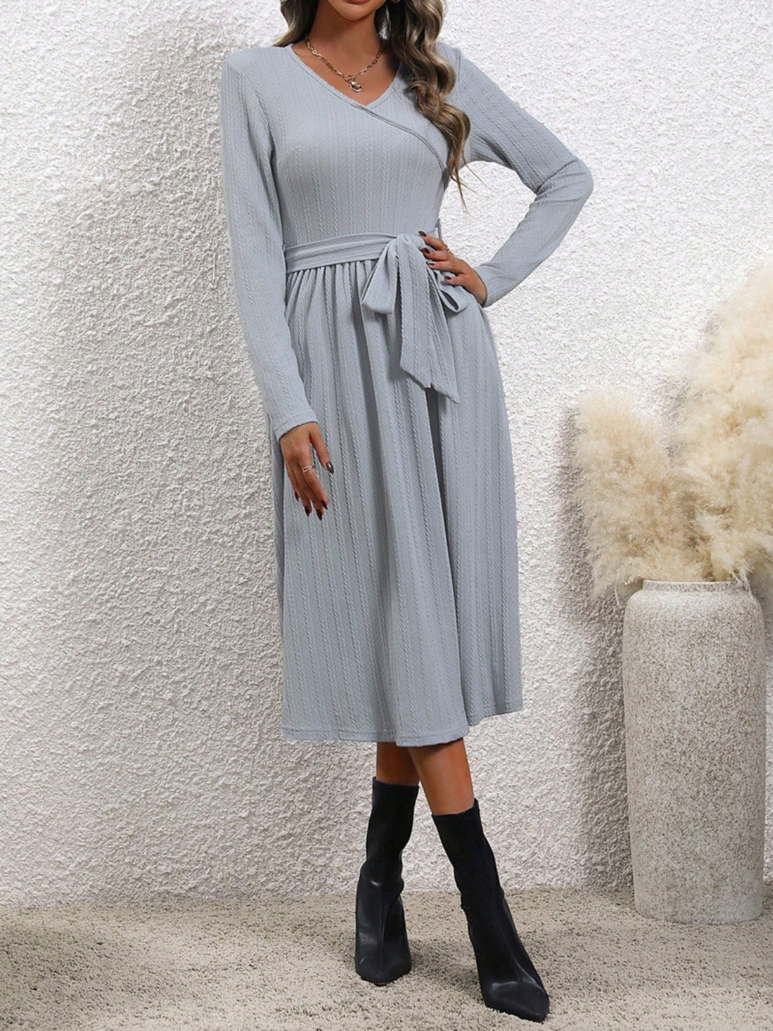 Surplice Tie Waist Long Sleeve Midi Dress - Charming Charlie