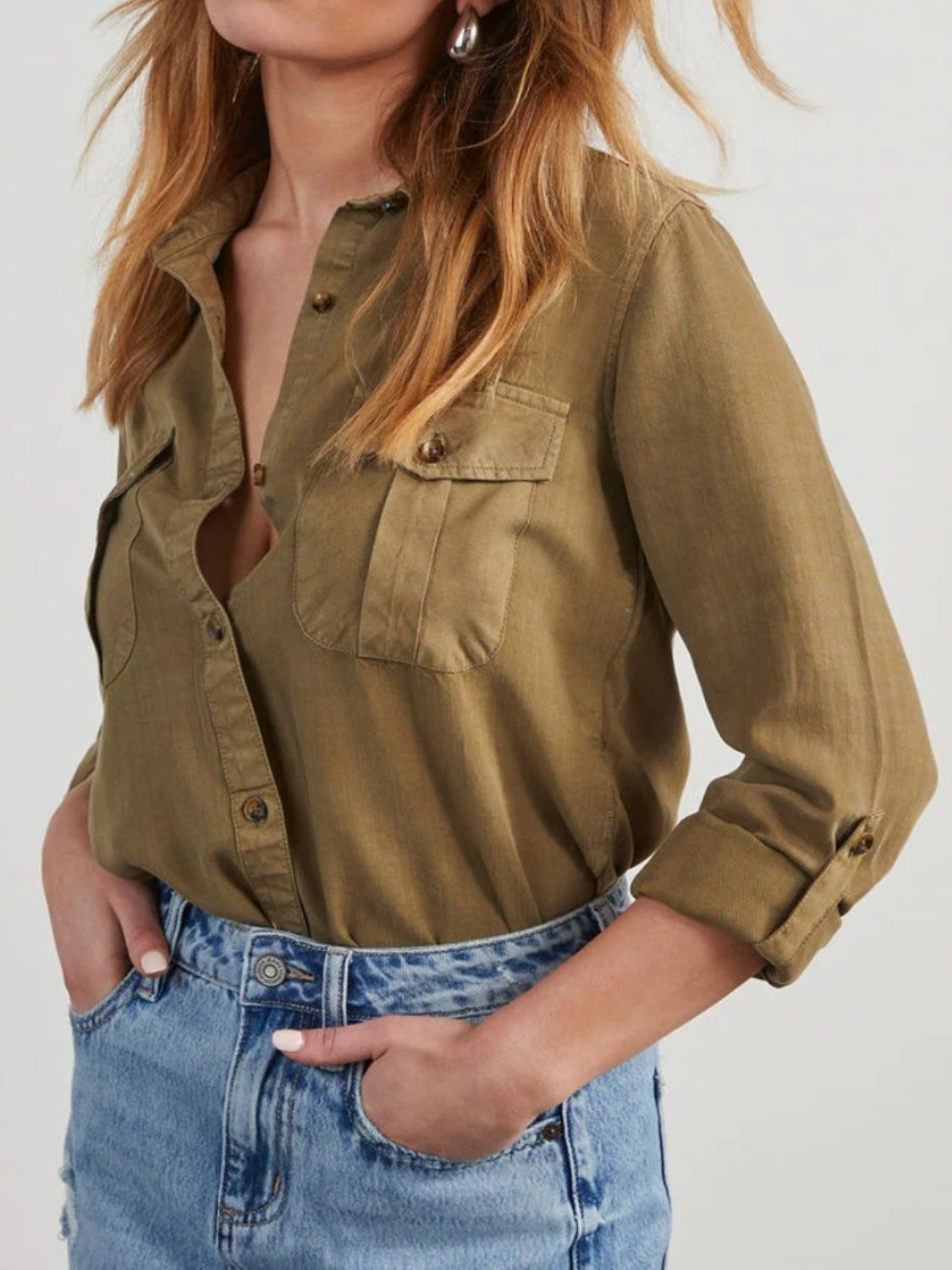 Collared Neck Roll-Tab Sleeve Denim Top - Charming Charlie