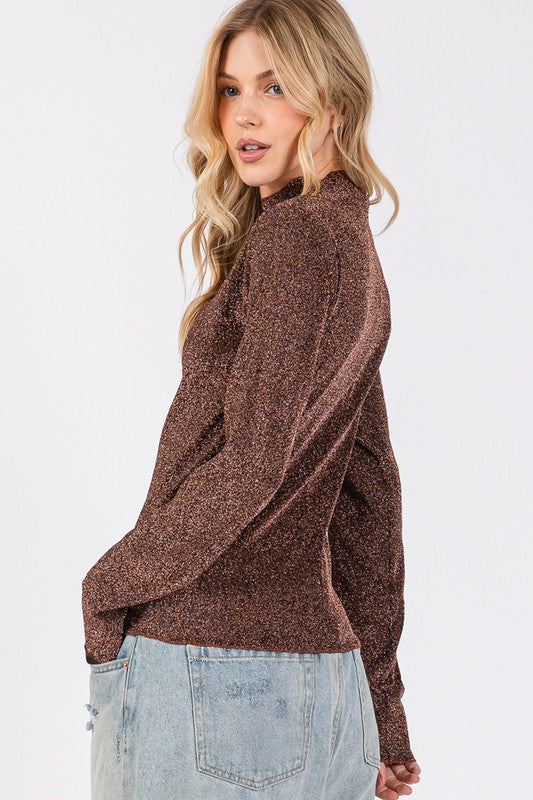 SAGE + FIG Glitter Mock Neck Lettuce Hem Long Sleeve Top - Charming Charlie
