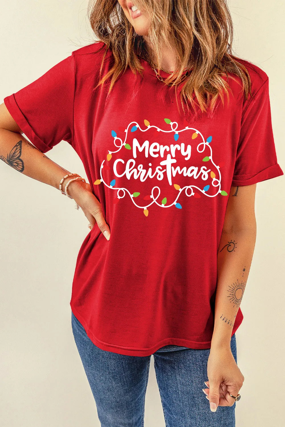 MERRY CHRISTMAS Round Neck Short Sleeve T-Shirt - Charming Charlie