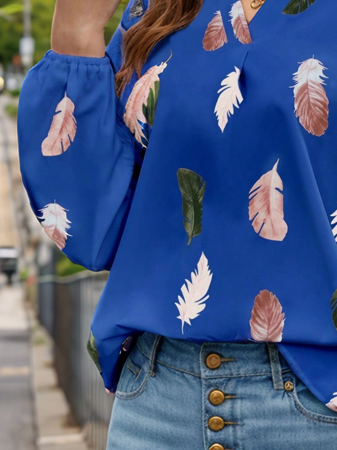 Feather Print Notched Balloon Sleeve Top - Charming Charlie