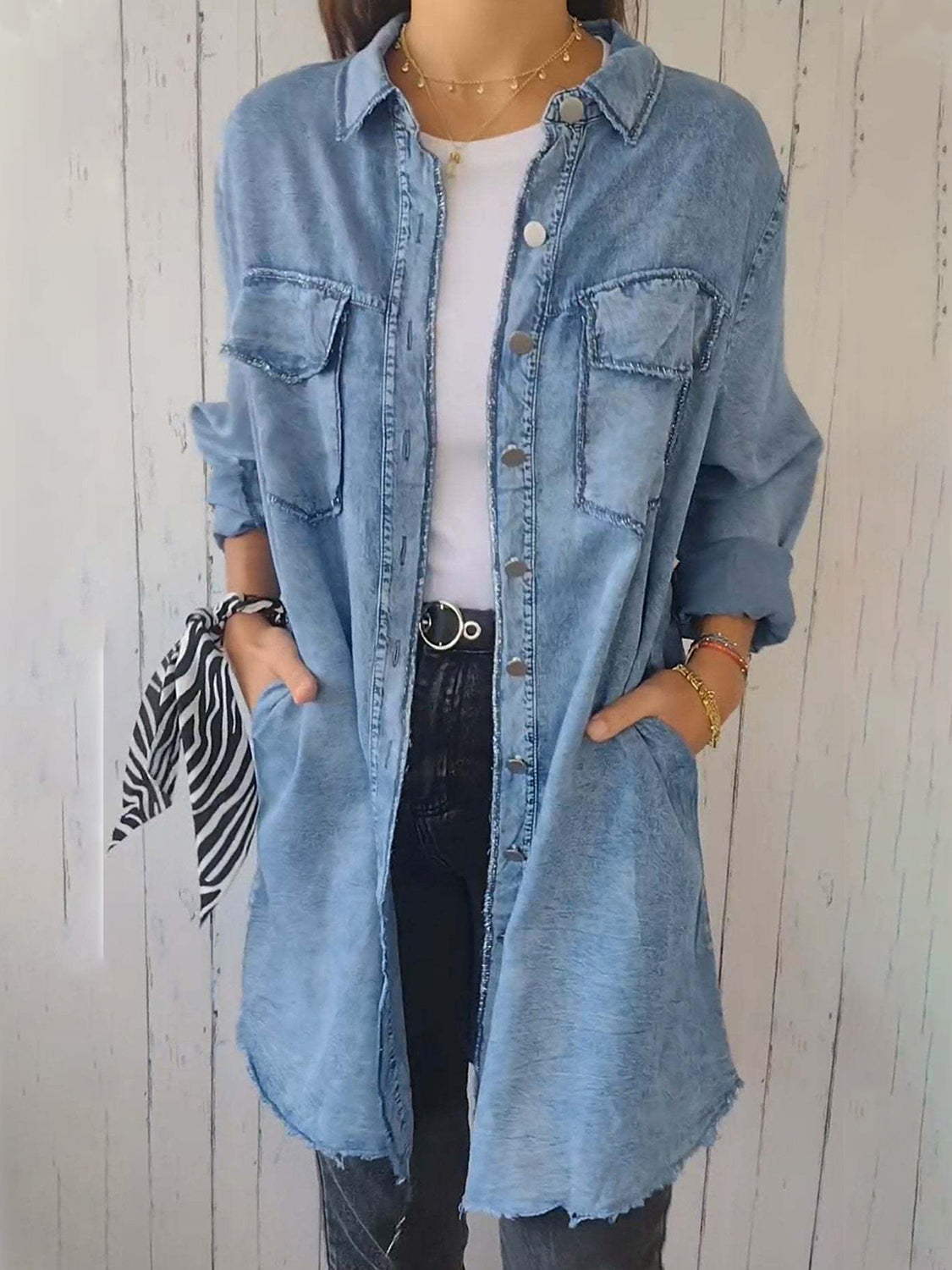 Full Size Raw Hem Button Up Long Sleeve Denim Top Plus Size - Charming Charlie